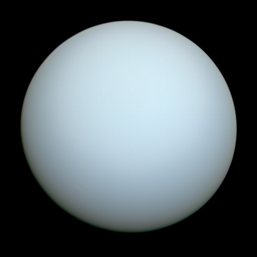 Uranus, a pale blue-green sphere with almost no visible features